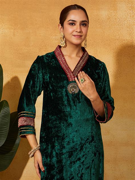 Wine Embroidered Velvet Kurta with Pants - Set of 2