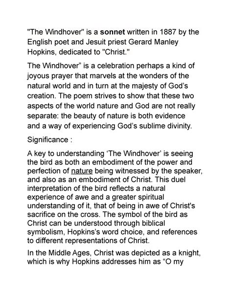 The Windhover - "The Windhover" is a sonnet written in 1887 by the ...