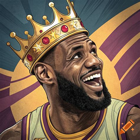 Stylized illustration of LeBron James wearing a crown and smiling. on ...