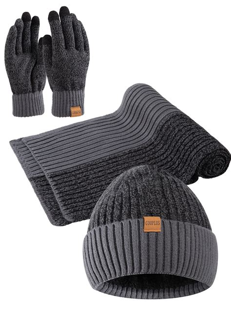 COOPLUS Winter Mens Set with Warm Knit Beanie Hat Touchscreen Gloves ...