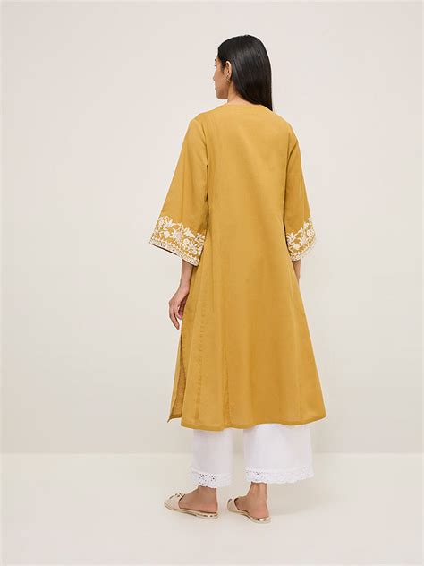 Buy Utsa Mustard Floral Embroidered Cotton Blend A-Line Kurta from Westside