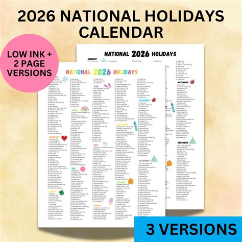 2026 National Holidays Calendar Printable, Funny Holiday List, Wacky Holidays to Celebrate ...