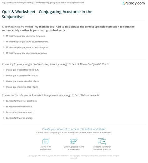 Quiz & Worksheet - Conjugating Acostarse in the Subjunctive | Study.com