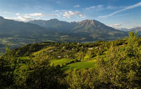 Wallpaper greens, the sky, the sun, clouds, trees, mountains, river ...