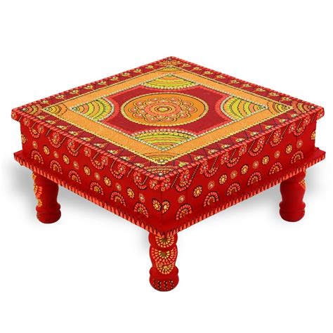Handicraft Wooden Chourang Pooja Chowki Red and Yellow