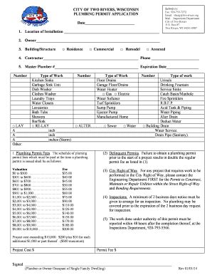 Plumbing Permit Application - Two Rivers Wisconsin - Two-rivers - Fill ...