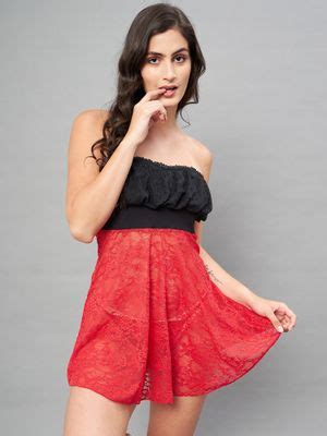 Buy Secrets By ZeroKaata Women Self Design Strapless Lace Baby Doll ...