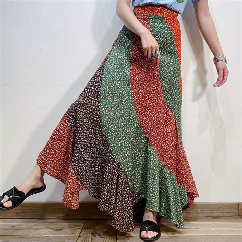 70s flower printed patchwork escargot long skirt【456】 | LEMON