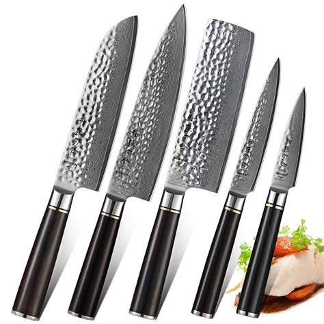 Buy HEZHEN 5PC Damascus Kitchen Knives Set, Chef Knife Nakiri Santoku ...