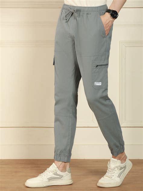 Men's Grey Regular Fit Solid Cotton Lycra Stretchable Cargo Joggers ...