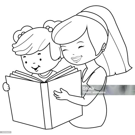 Mère Et Enfant Lisant Un Livre Coloriage Vectoriel Noir Et Blanc ...