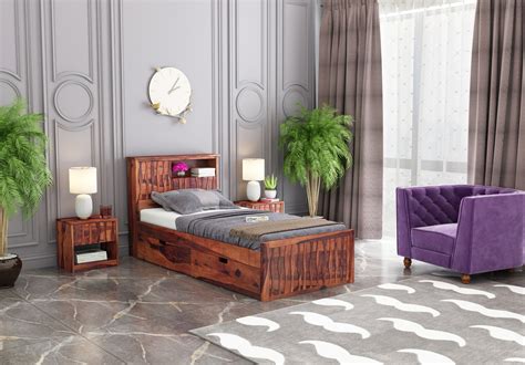 Single Beds: Buy Stack Single Bed With Storage (Teak Finish) Online ...