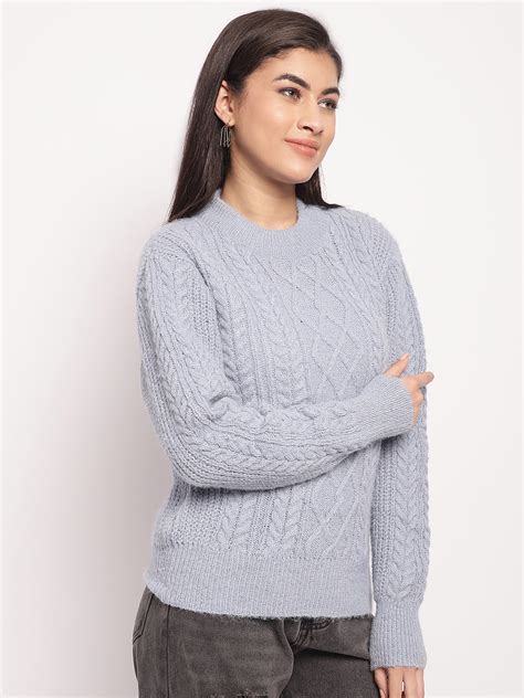 Acrylic Round Neck Full Sleeve Cable Knit Light Blue Sweater – NoBarr