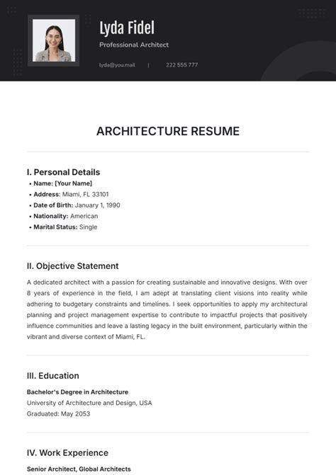Free Architect Resumes Template to Edit Online