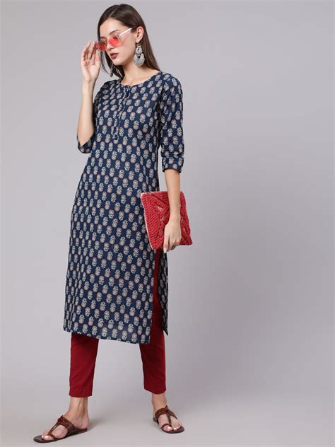 Blue Printed Straight Kurta With Three Quarter Sleeves – Trendphoria