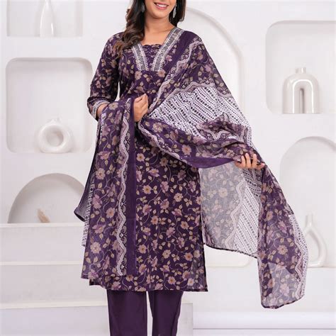 Floral Printed Sequunied V-Neck Pure Cotton Straight Kurta With Trouse ...