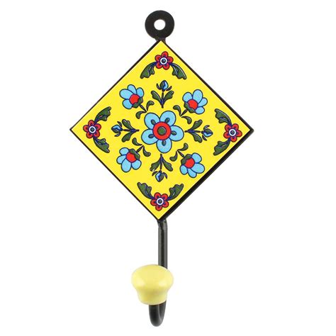 Yellow With Turquoise Tiny Flower Ceramic Tiles Hook