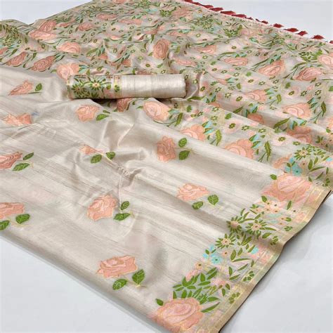 Peach Floral Woven Pure Silk Saree With Tassels