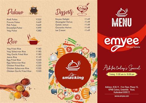 Menu at Emyee Cafeteria, Hyderabad