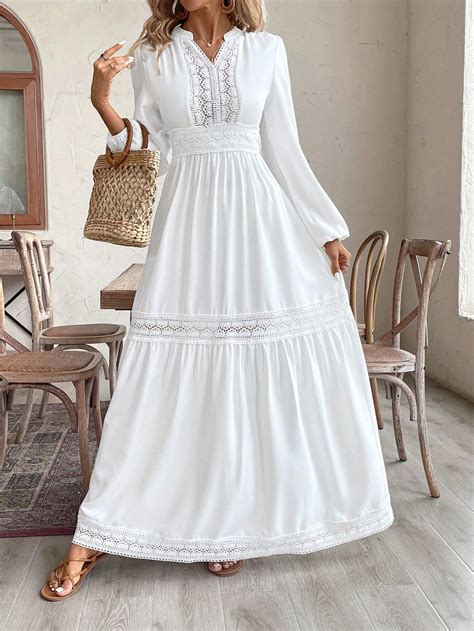 SHEIN USA | Lace white dress, White lace dress long, Lace dress design