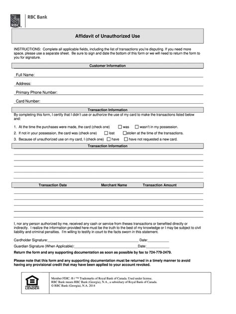 Fillable Online Affidavit of Unauthorized Use - RBC Bank Fax Email ...