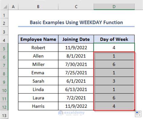 Weekday Function in Excel 的图像结果