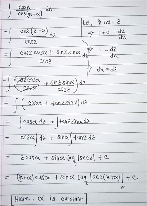 Integration of cosx/cos(x+alpha) dx - Brainly.in
