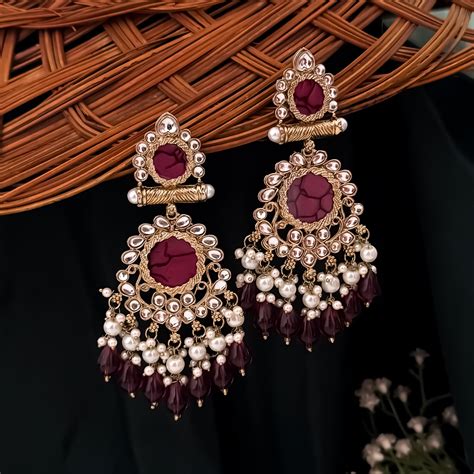 Shravani Pearl Chandbali Earrings - Wine – The Shopping Tree
