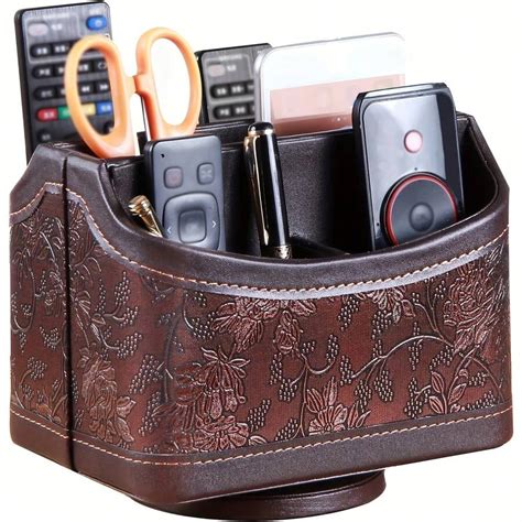 Remote Control Holder PU Leather 360 Degree Rotatable Desktop Organizer ...