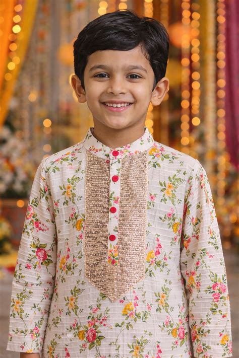 Pspeaches Boys Peach & Offwhite Ethnic Floral Printed Sugarcane A-Line