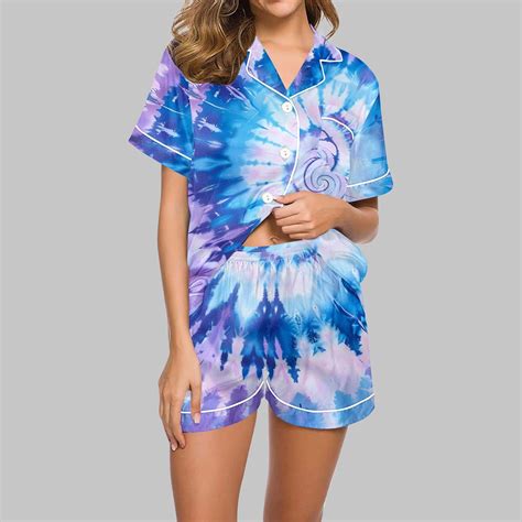Aobny Blue Trendy Women's Pajamas Cooling Fitted Sleepwear Sets Tie-Dye ...