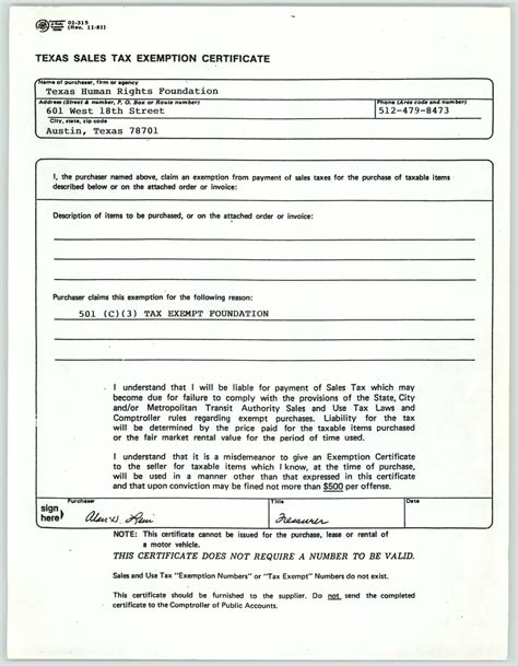 [Texas sales tax exemption certificate from the Texas Human Rights ...