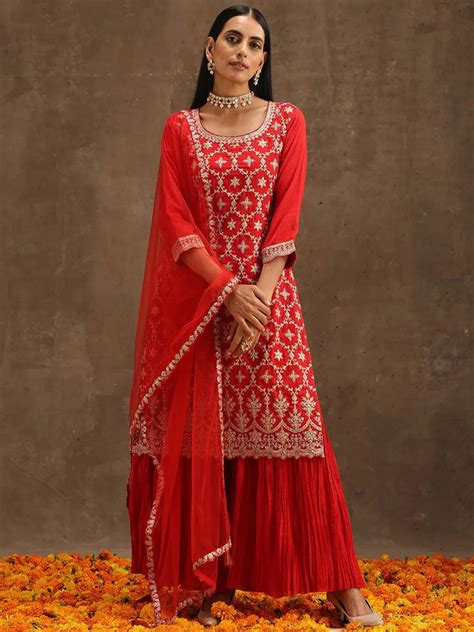 Buy Red Embroidered Silk Blend Straight Kurta With Sharara & Dupatta ...