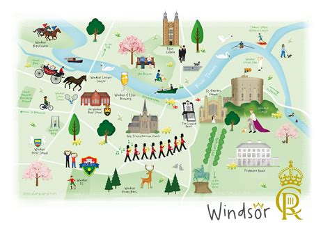 Windsor Illustrated Map Ft Windsor Castle, Frogmore House, St. Georges Chapel, Eton College ...