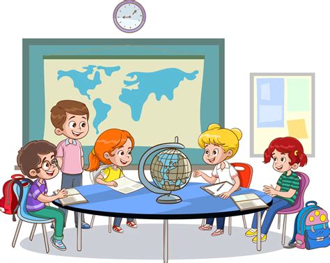 grupo de niños sentados en el escritorio y estudiando la lección de geografía juntos ...