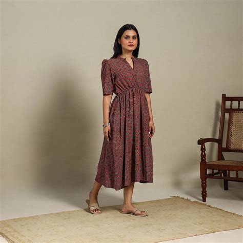 Brown Natural Dyed Block Print Cotton Fit & Flare Ajrakh Dress