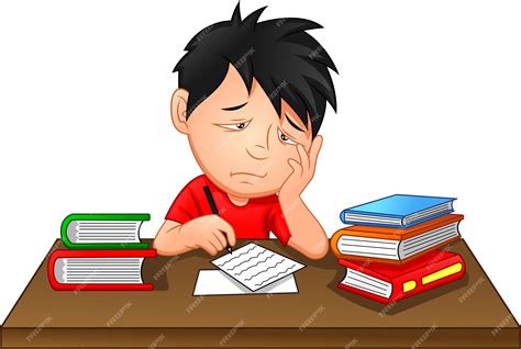 Niño aburrido haciendo la tarea o sentado en una aburrida lección ...