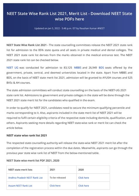 Article careers 360 2022012 8035151 - NEET State Wise Rank List 2021 ...