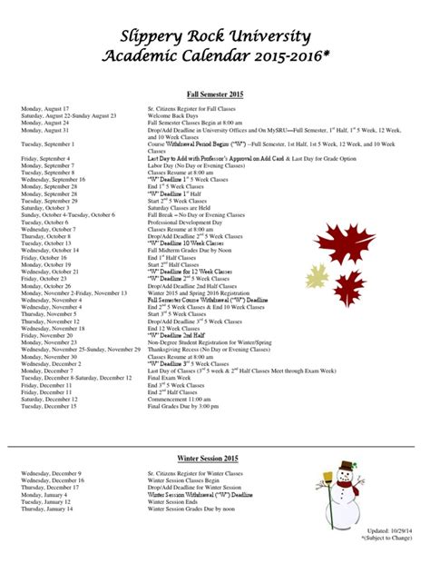 Slippery Rock University Academic Calendar 2015-2016 : Fall Semester ...