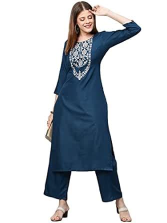 Buy GoSriKi Women's Cotton Blend Traditional Straight Solid Kurta and ...