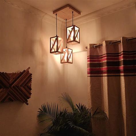 Buy Solid Wood Symmetric Beige Cluster Hanging Lamp With Brown Base ...