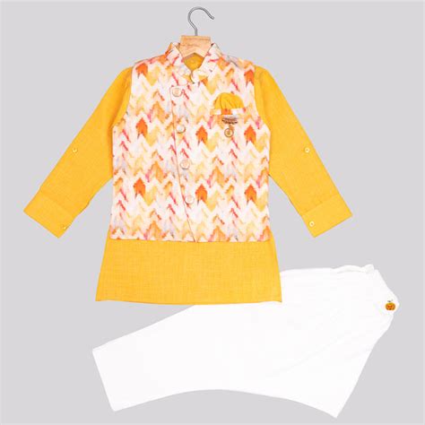 Buy Yellow Printed Kurta Pajama for Boys with Jacket – Mumkins