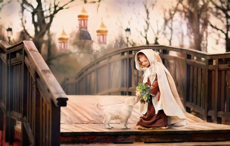 Wallpaper girl, Church, puppy, the bridge, child, dome, lady, Oksana ...