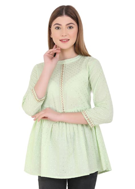Get Mirror Embellished Mint Printed Peplum Top at ₹ 499 | LBB Shop