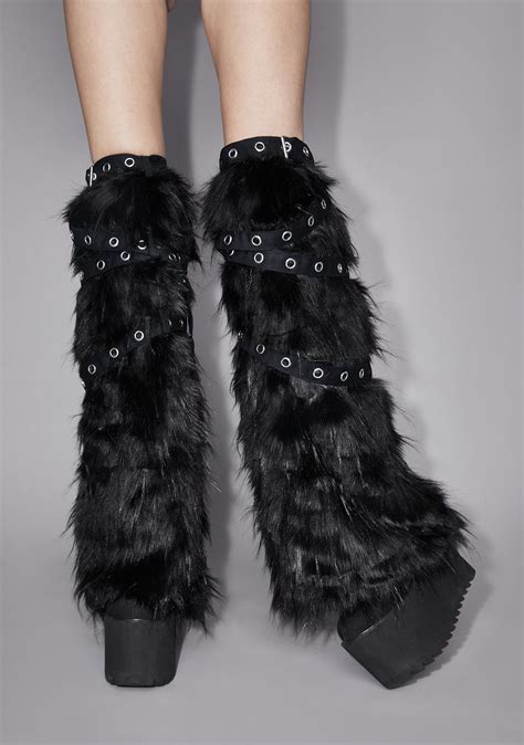 Widow Eyelet Strap Faux Fur Leg Warmers - Black | Fur leg warmers, Leg ...