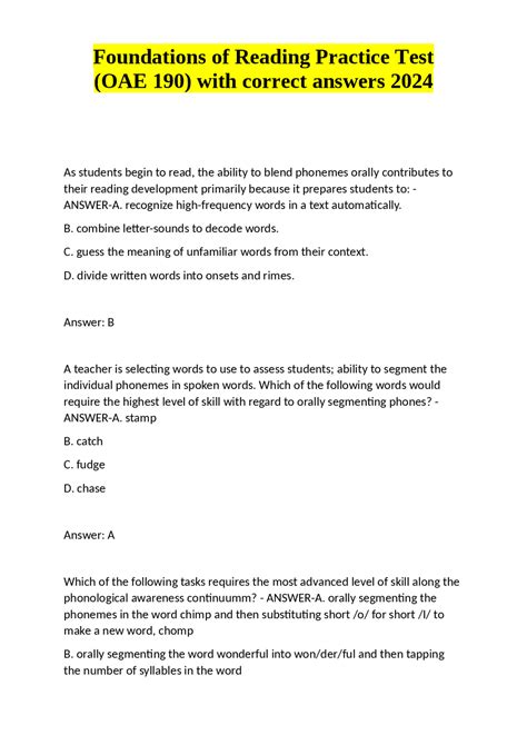 Foundations of Reading Practice Test (OAE 190) with complete solutions ...