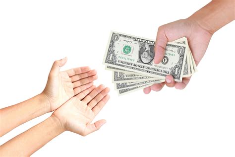 Hand handing over money to another hand isolated on white background ...