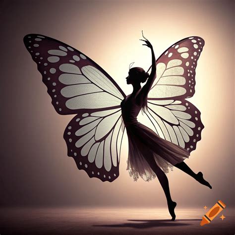 Silhouette of a person with large butterfly wings dancing on a stage. on Craiyon