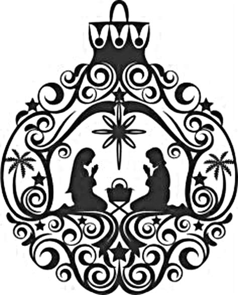 a christmas ornament with the birth of jesus and mary in black on white