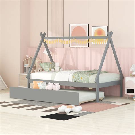 Tent Bed for Kids, Twin Floor Bed Frame with Trundle, Pine Wood Bed ...